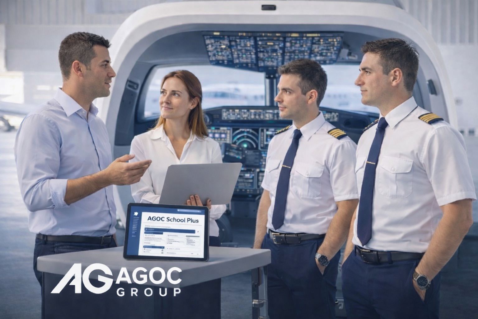 AGOC team with instructors by a flight simulator and AGOC School Plus on a tablet