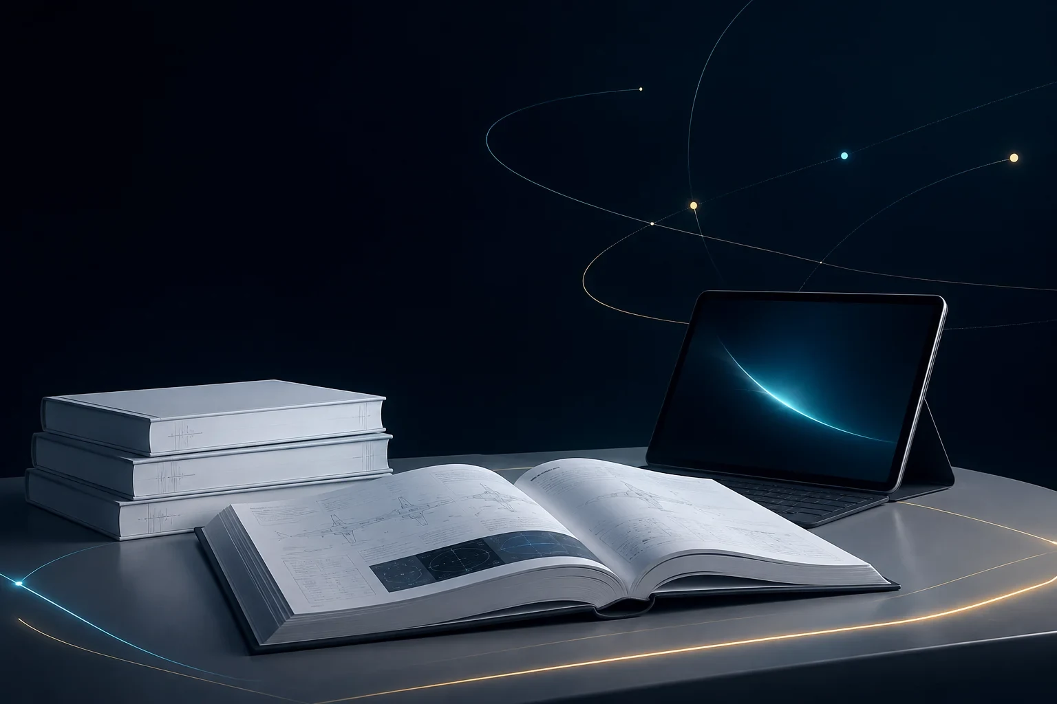 Aviation books, manuals and documents beside a digital environment